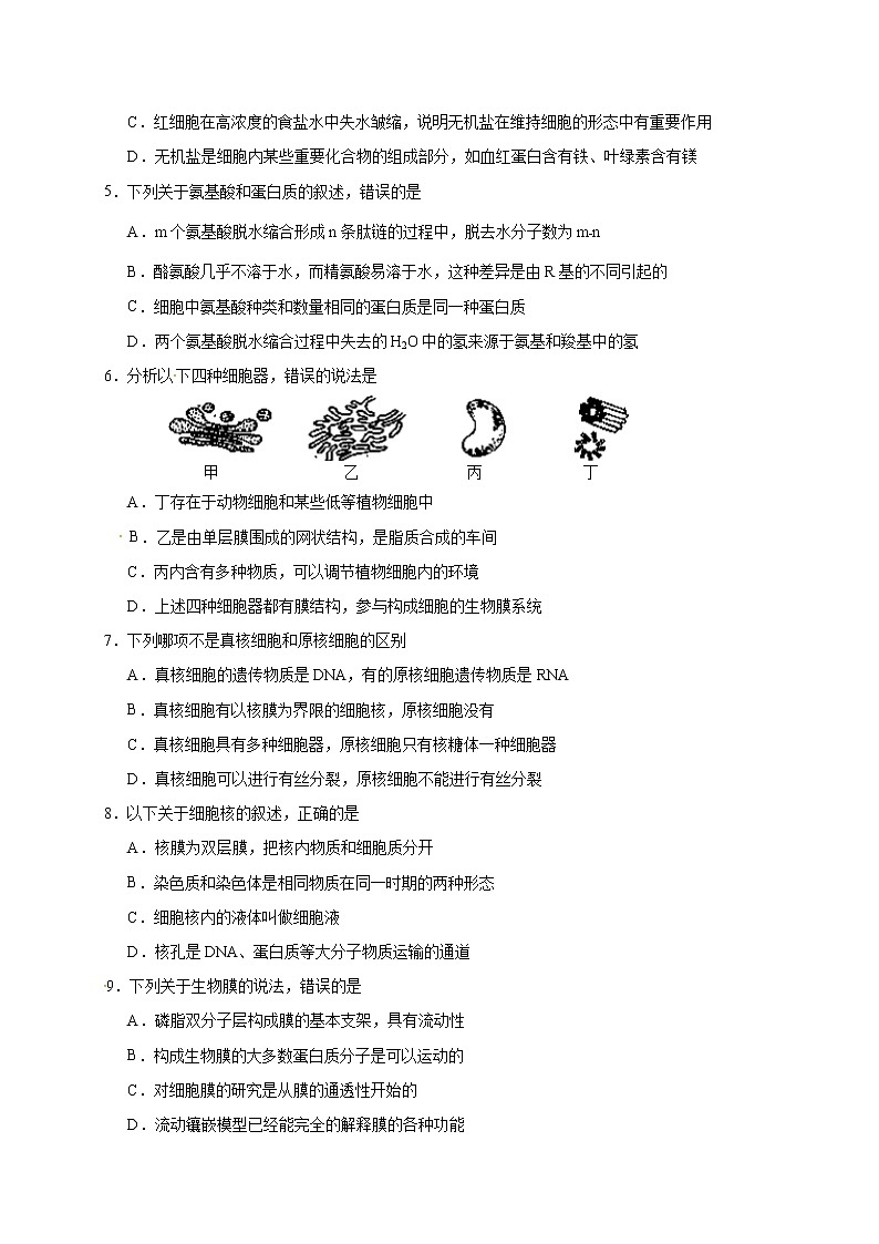广东省肇庆市XX中学2018-2019学年度上学期高一期末考试《生物》试卷第2页