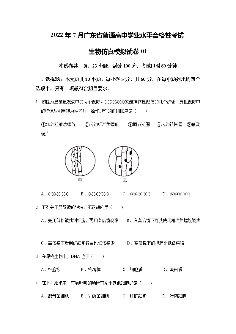 2022年7月广东省普通高中学业水平合格性考试仿真模拟试卷01（含答案）