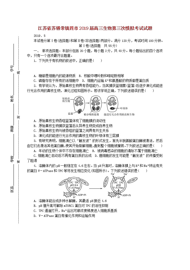 高中生物高考江苏省苏锡常镇四市2019届高三生物第三次模拟考试试题01