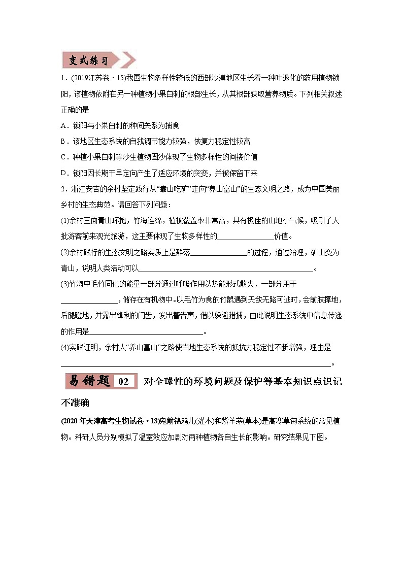 高中生物高考易错点17 生态系统的稳定性和保护-2021年高考生物一轮复习易错题(学生版)02