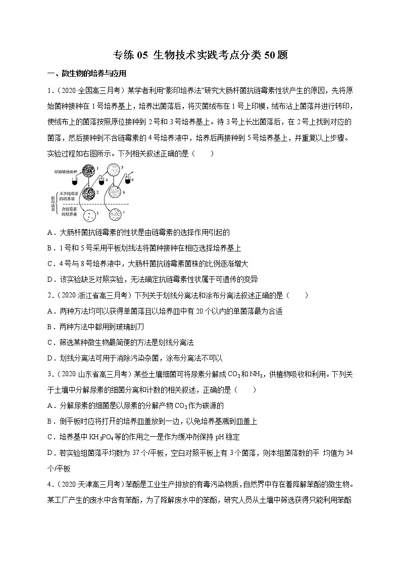 高中生物高考专练05 生物技术实践考点分类 题-2020年高考生物总复习考点必杀800题(原卷版)01