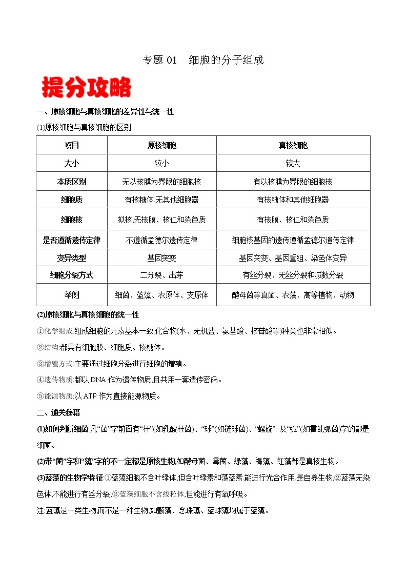 高中生物高考专题01 细胞的分子组成-备战2021年高考生物专题提分攻略（解析版）01