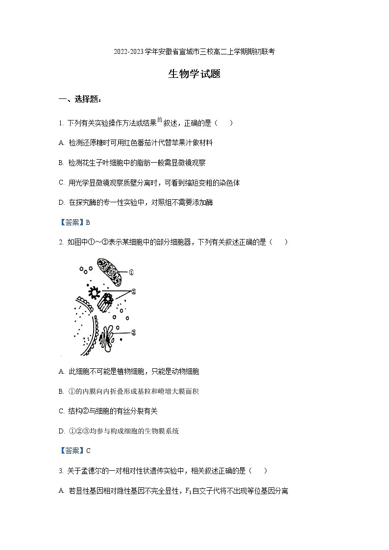 2022-2023学年安徽省宣城市三校高二上学期期初联考(月考)生物试题含答案第1页