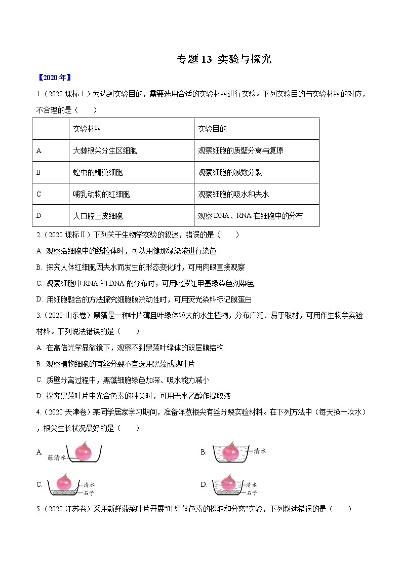 高中生物高考专题13 实验与探究-十年(2011-2020)高考真题生物分项详解(原卷版)01