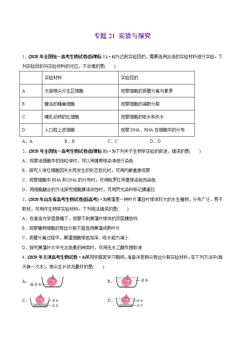 高中生物高考专题21 实验与探究-2020年高考真题和模拟题生物分项汇编(学生版)第1页