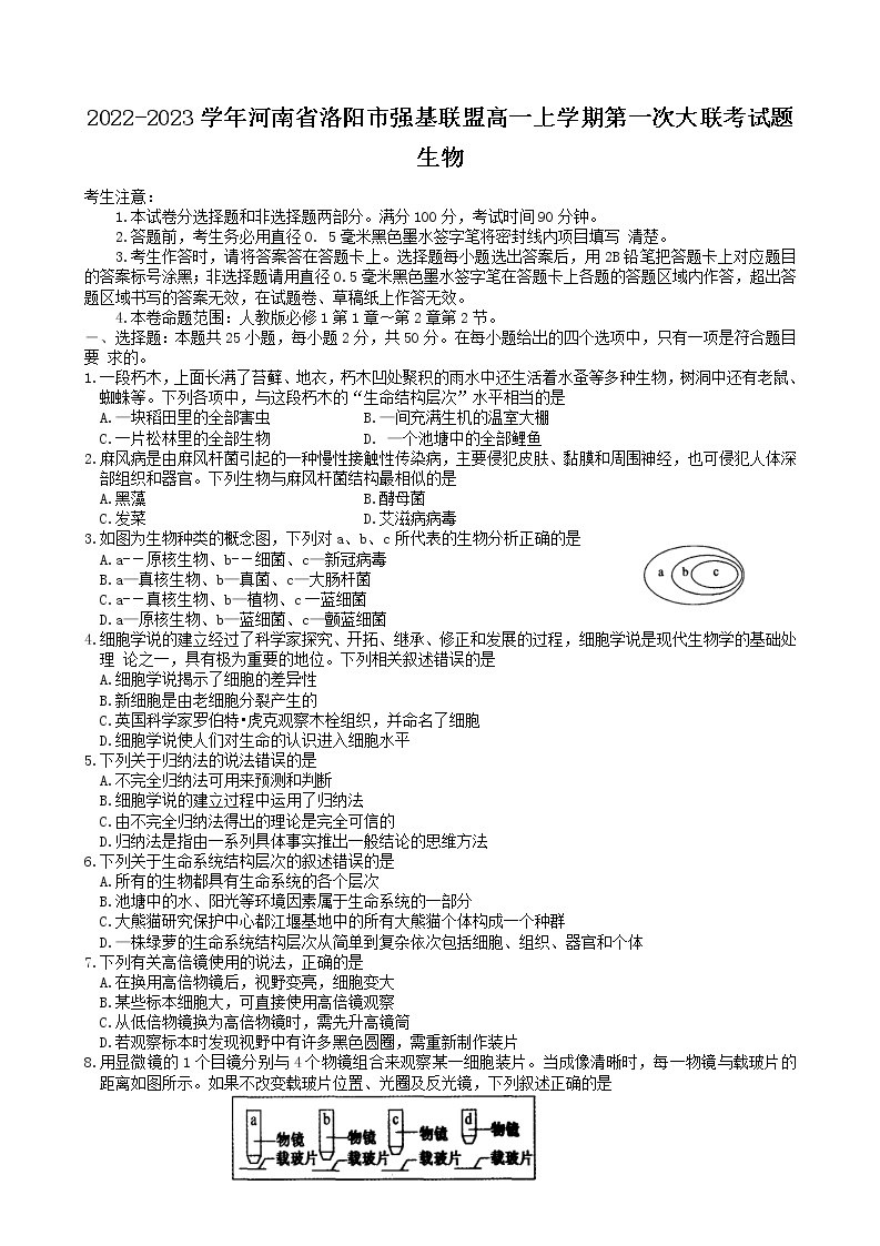 2022-2023学年河南省洛阳市强基联盟高一上学期第一次大联考（月考）试题生物含答案01