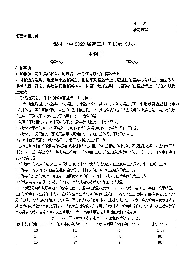 2023长沙雅礼中学高三下学期月考试卷(八)生物无答案第1页