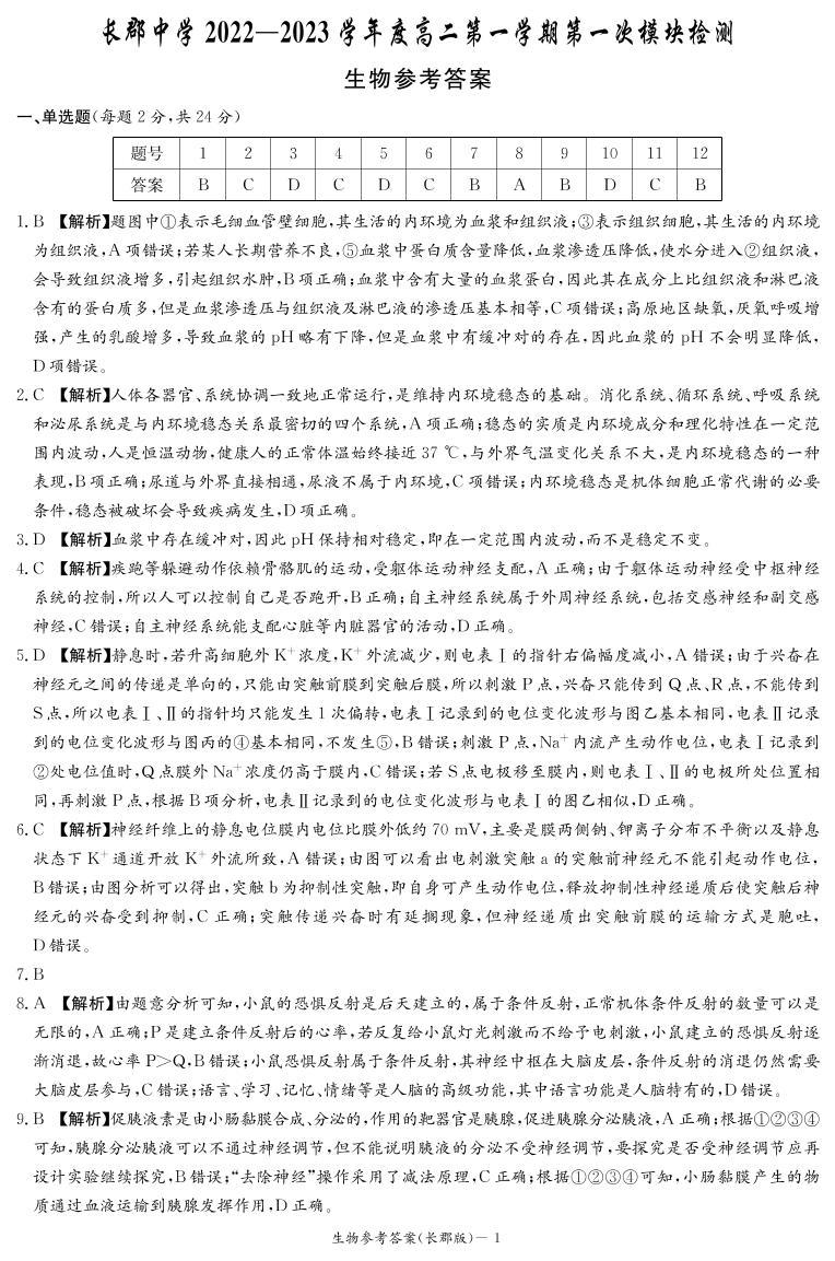 2022-2023学年湖南省长沙市长郡中学高二上学期第一次月考生物试题 PDF版01