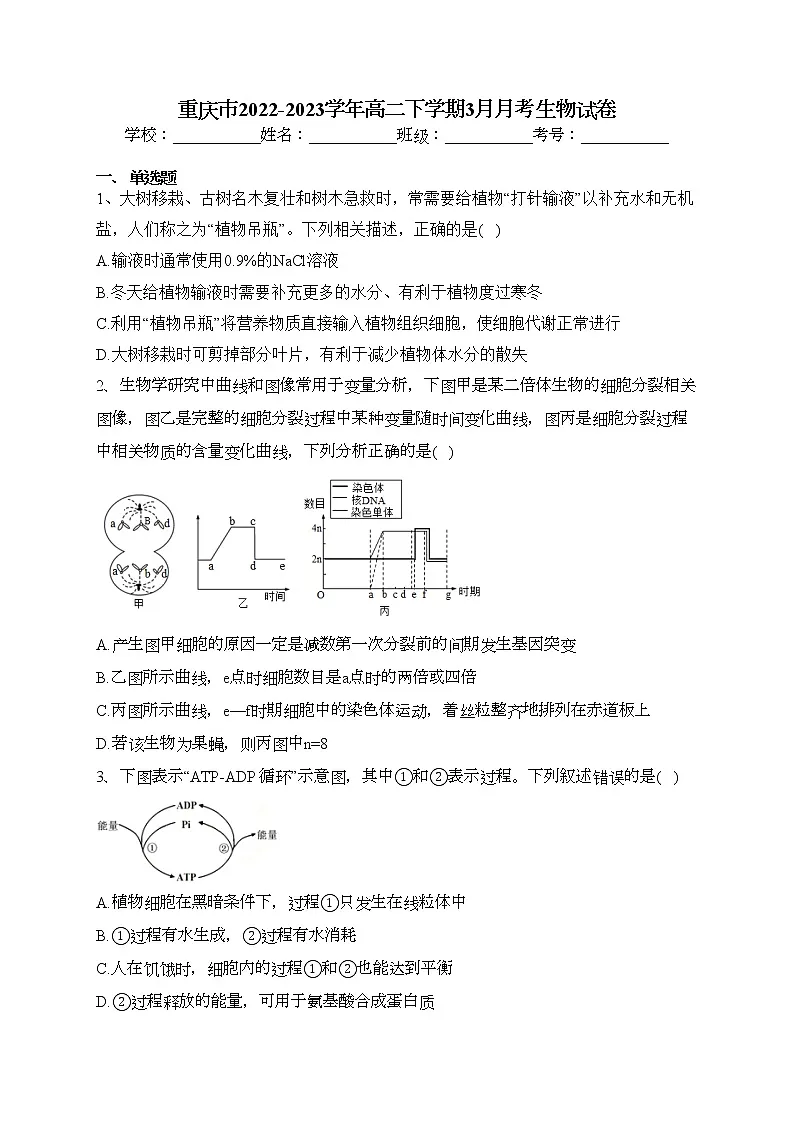 重庆市2022-2023学年高二下学期3月月考生物试卷(含答案)第1页