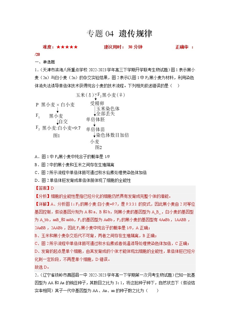 专题卷04 遗传规律-【小题小卷】冲刺2023年高考生物小题限时集训（新高考专用）01