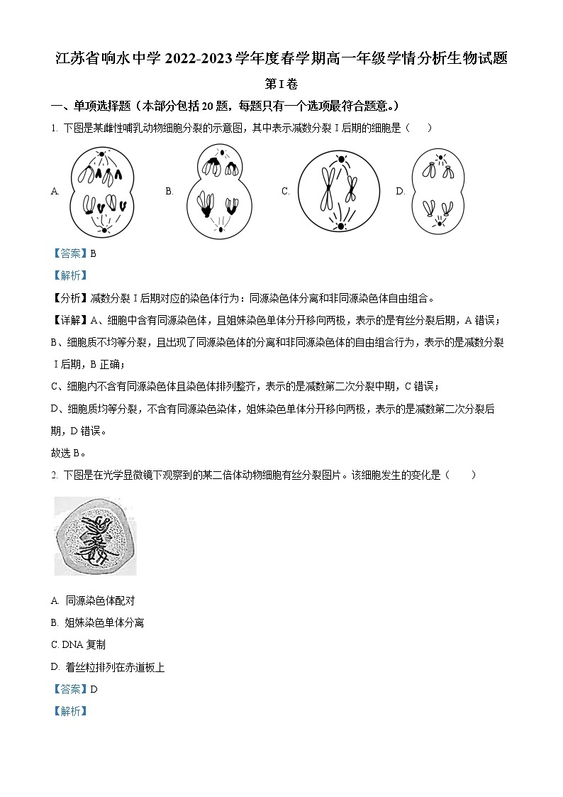 2023江苏省响水中学高一下学期3月学情分析试题生物含解析01