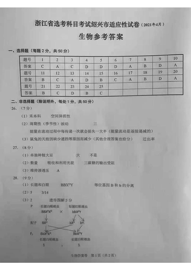 2021届浙江省绍兴市高三下学期4月适应性考试(二模)生物试题 PDF版01
