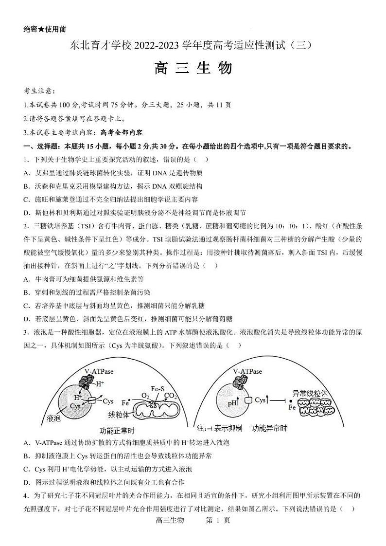 东北育才学校2022-2023学年度高考适应性测试(三)生物试题第1页