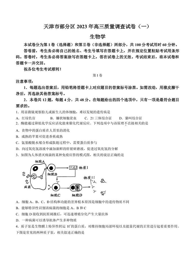 2022-2023学年天津市部分区高三下学期质量调查(一)(一模)生物试题PDF版含答案第1页