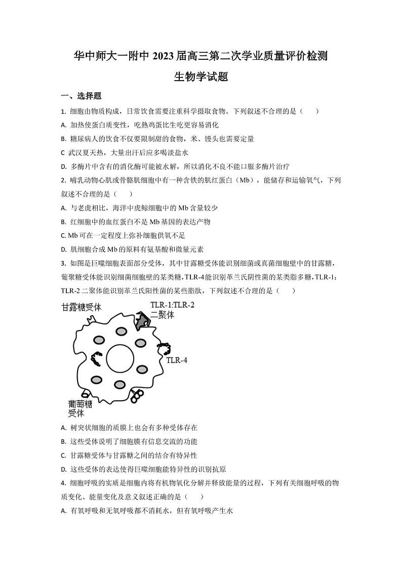 2022-2023学年湖北省华中师范大学第一附属中学高三下学期第二次学业质量评价检测(期中)生物试题(PDF版)第1页