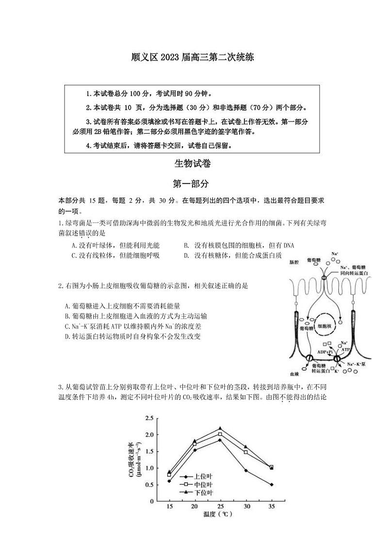 2022-2023学年北京市顺义区高三下学期二模生物试题PDF版含答案01