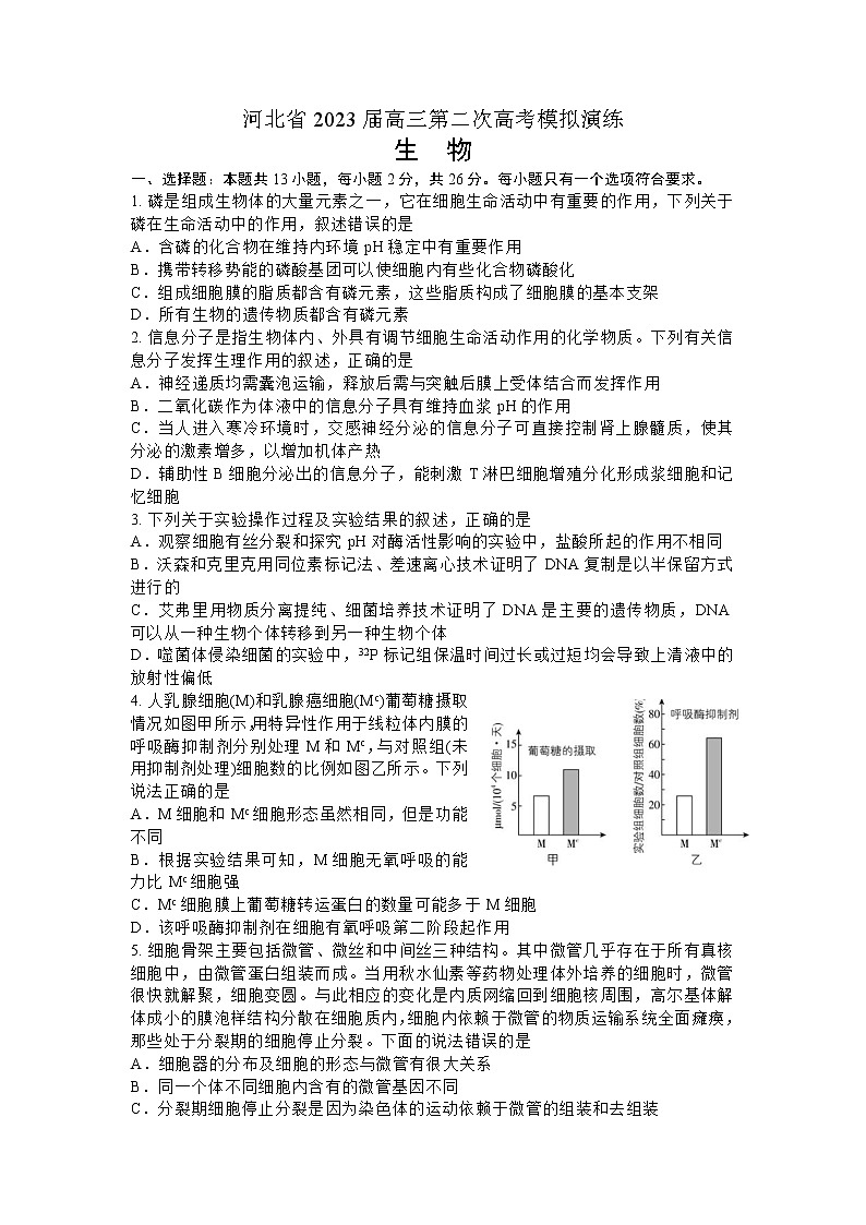 河北省部分学校2023届高三生物下学期第二次高考模拟演练试卷(Word版附答案)第1页