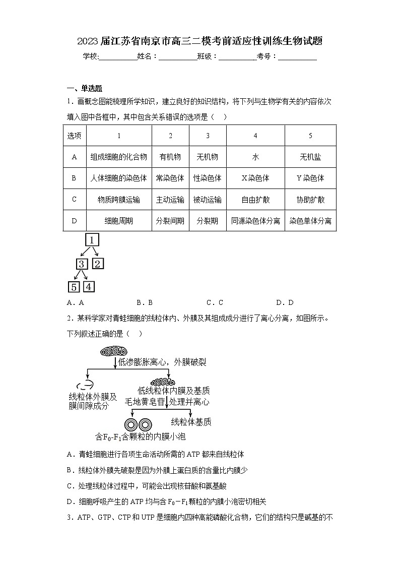 2023屆江蘇省南京市高三二?？记斑m應性訓練生物試題第1頁