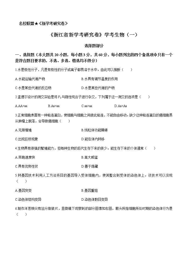 2022-2023学年浙江省新学考研究卷高一学考生物试题(一)含答案第1页