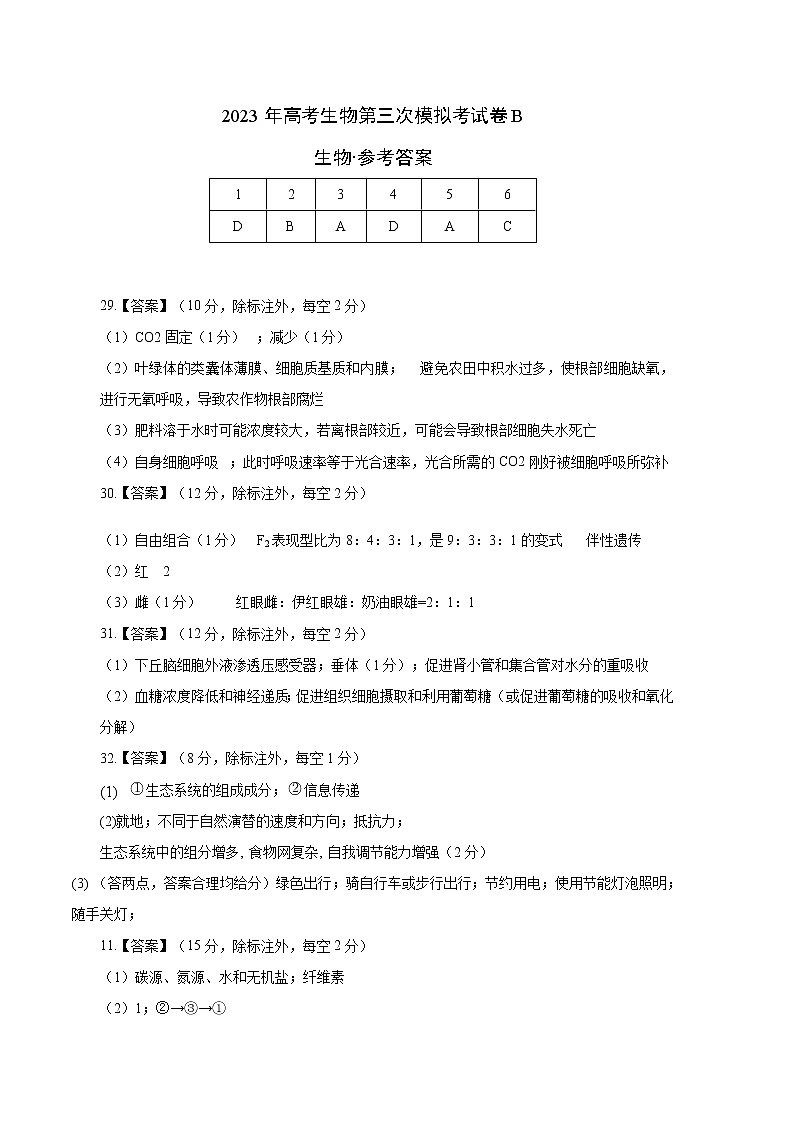 2023年高考第三次模拟考试卷-生物(全国甲卷B卷)(参考答案)第1页