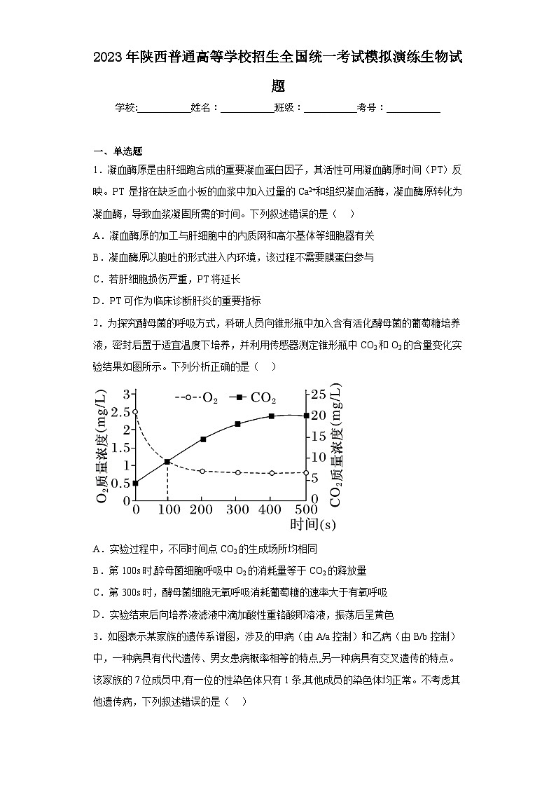 2023年陕西普通高等学校招生全国统一考试模拟演练生物试题(含答案)01