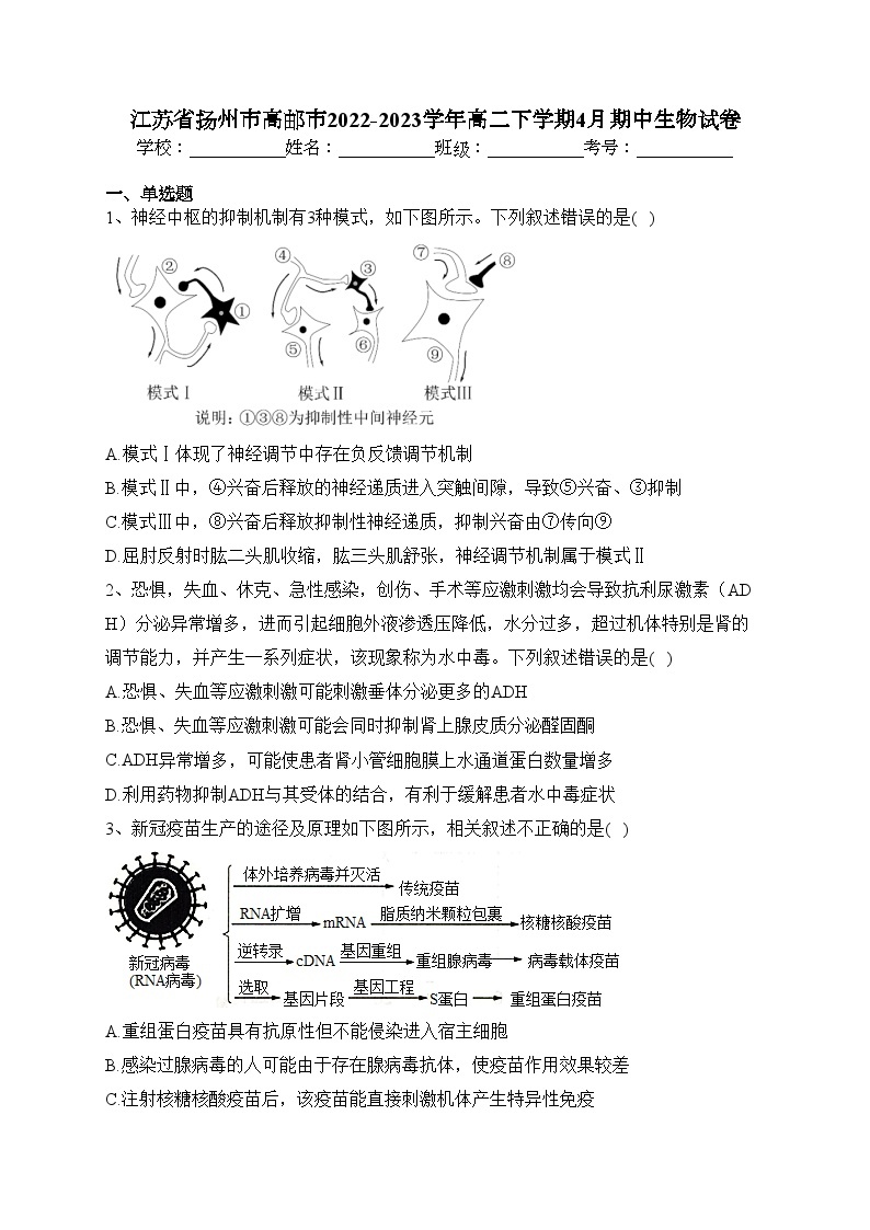 江苏省扬州市高邮市2022-2023学年高二下学期4月期中生物试卷（含答案）01