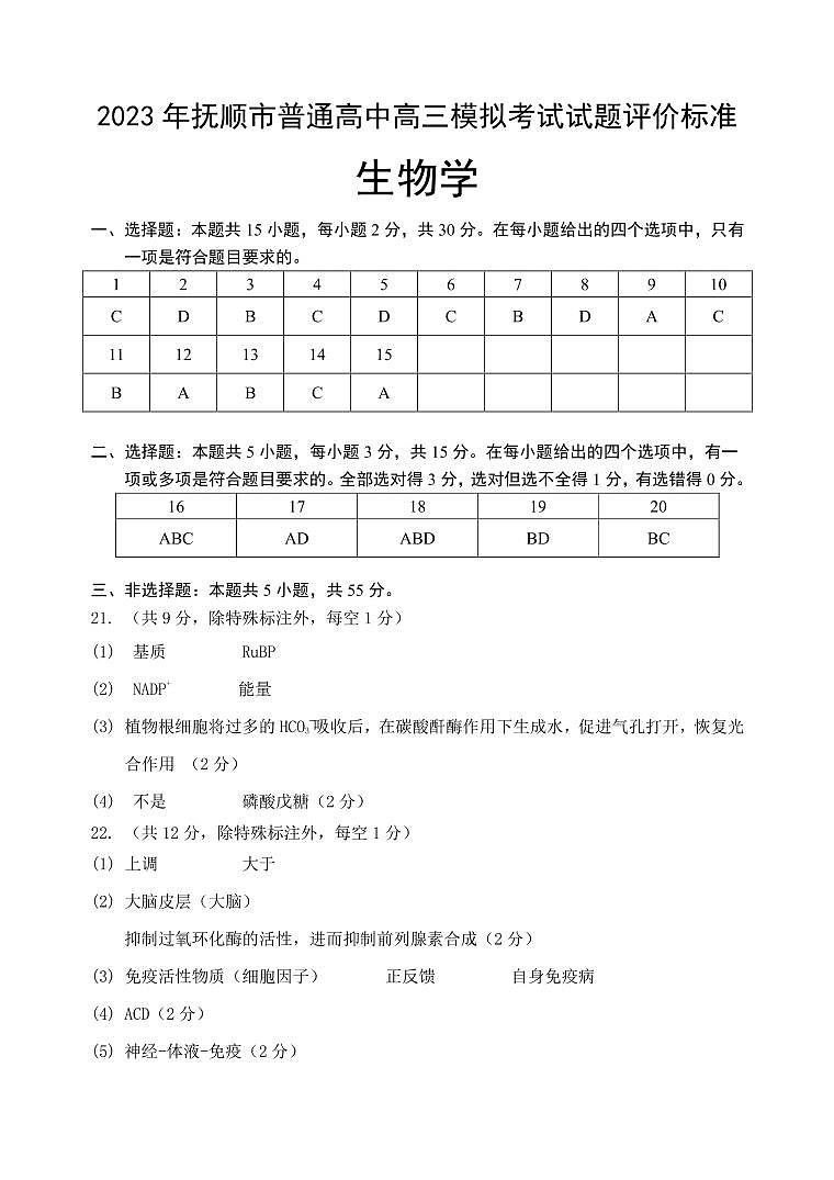 2023届辽宁省抚顺市普通高中高三下学期第一次模拟考试生物学试题含答案01