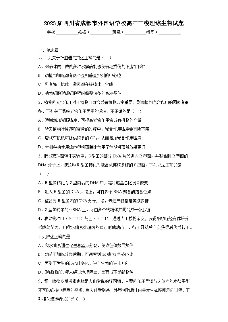 2023届四川省成都市外国语学校高三三模理综生物试题(含答案)01