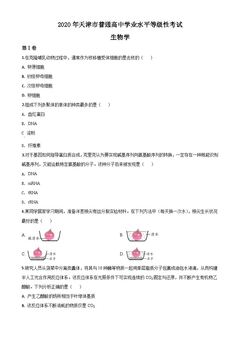 高中生物高考精品解析:2020年天津高考生物试卷(原卷版)第1页