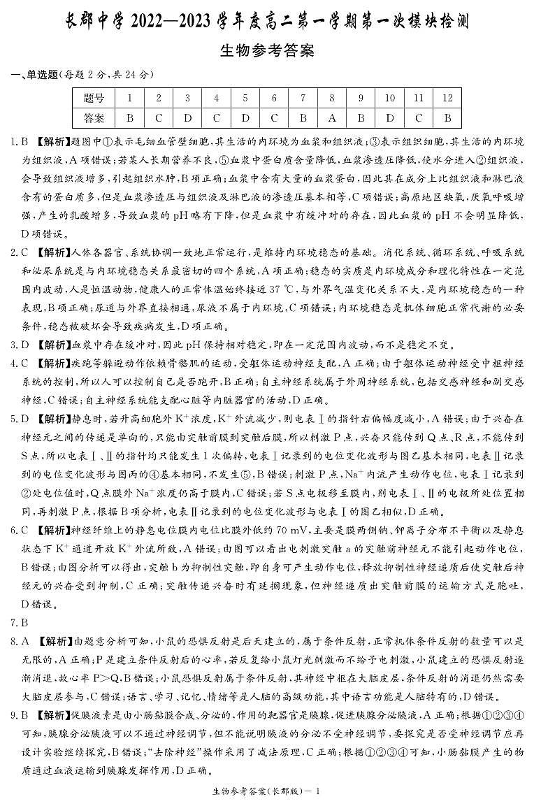 2022-2023学年湖南省长沙市长郡中学高二上学期第一次月考生物答案第1页