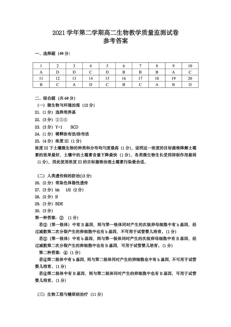 上海市长宁区2022届高三二模生物参考答案第1页