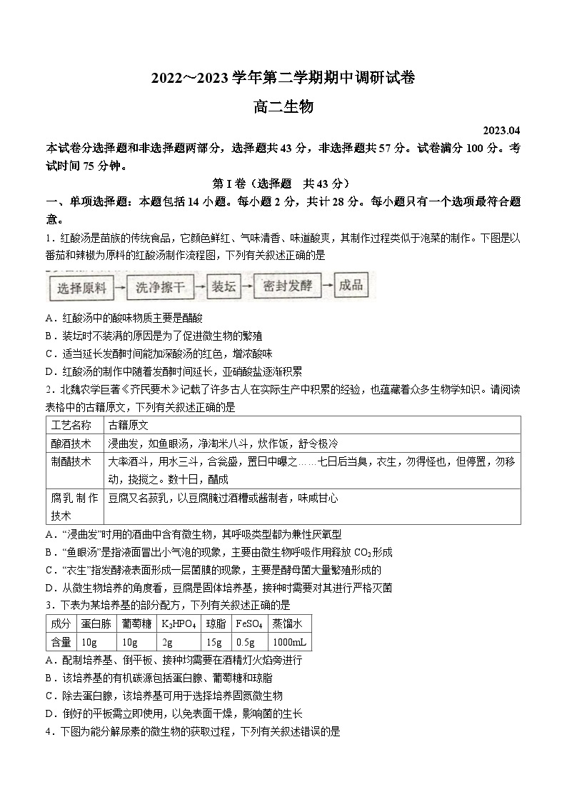 江苏省常熟市2022-2023学年高二生物下学期期中考试试题（Word版附答案）01