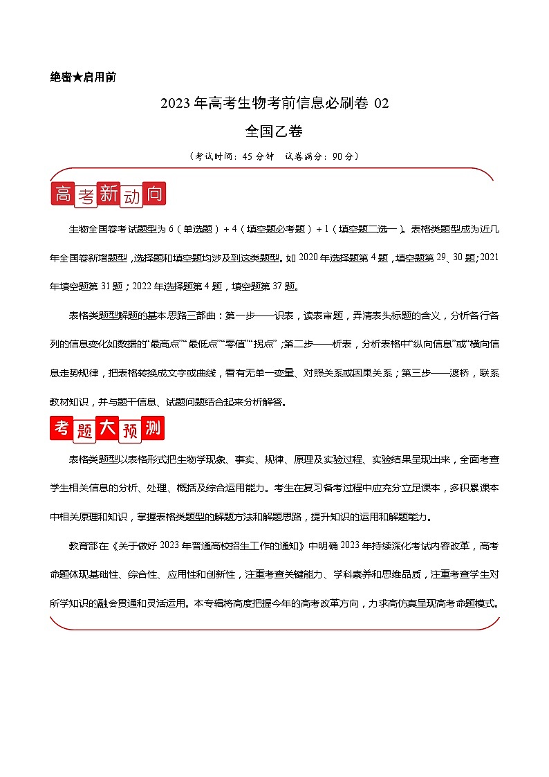 必刷卷02——【高考三轮冲刺】2023年高考生物考前20天冲刺必刷卷(全国乙卷)(原卷版+解析版)01