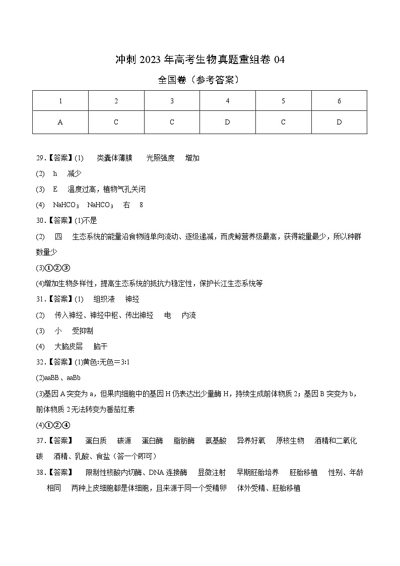 真题重组卷04——2023年高考生物真题汇编重组卷(全国卷)(参考答案)第1页