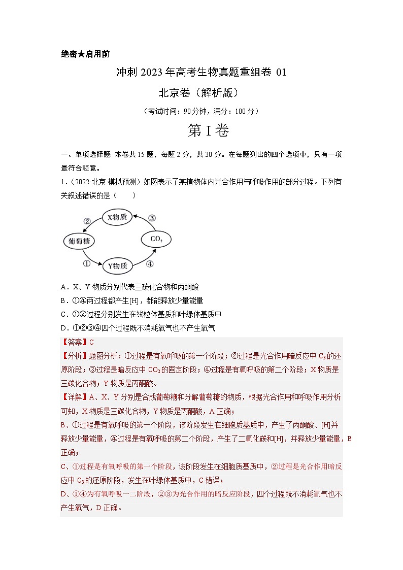 真題重組卷01——2023年高考生物真題匯編重組卷(北京卷)(解析版)第1頁