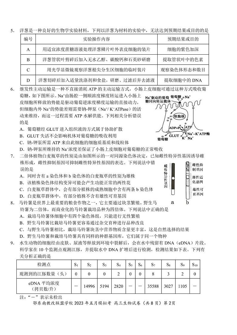 湖北省鄂东南示范高中2023届高三下学期5月模拟考试生物试卷+答案第2页