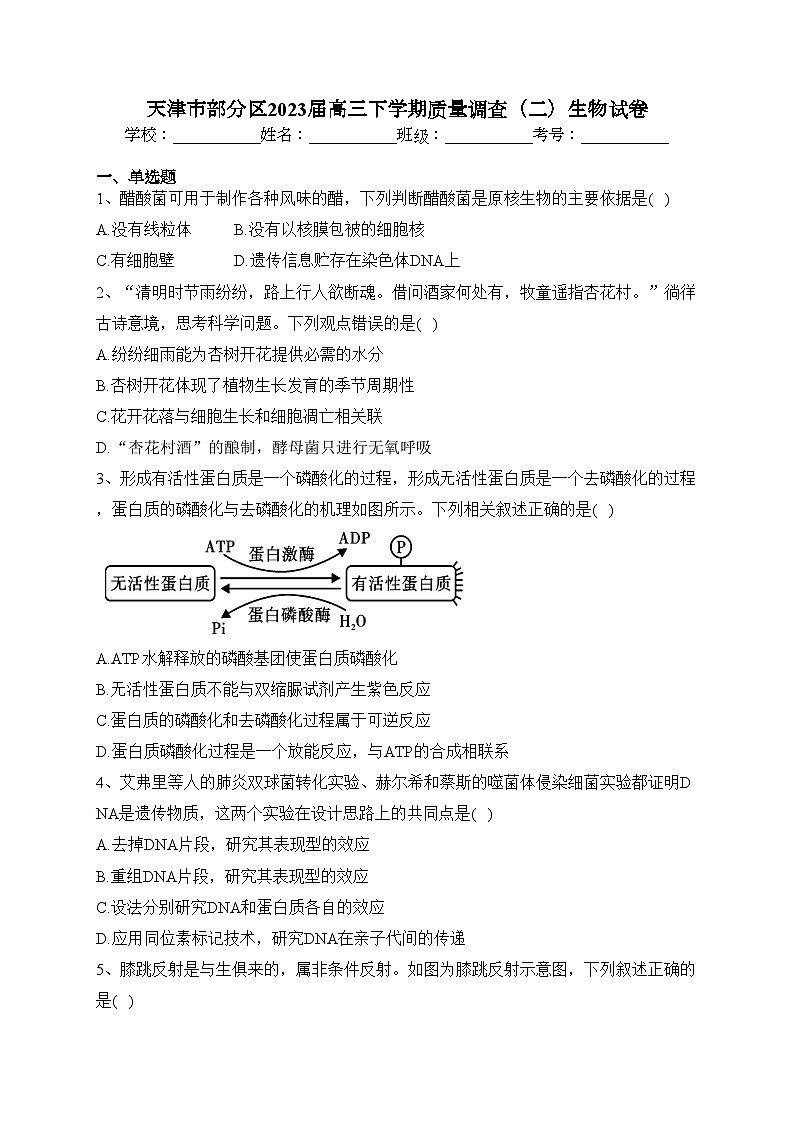 天津市部分区2023届高三下学期质量调查(二)生物试卷(含答案)第1页