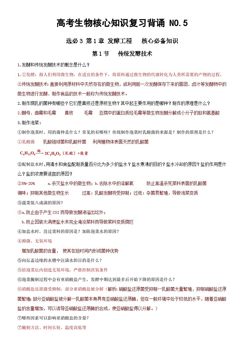 高考生物必背核心知识NO.5——选必3 第1章 发酵工程第1页