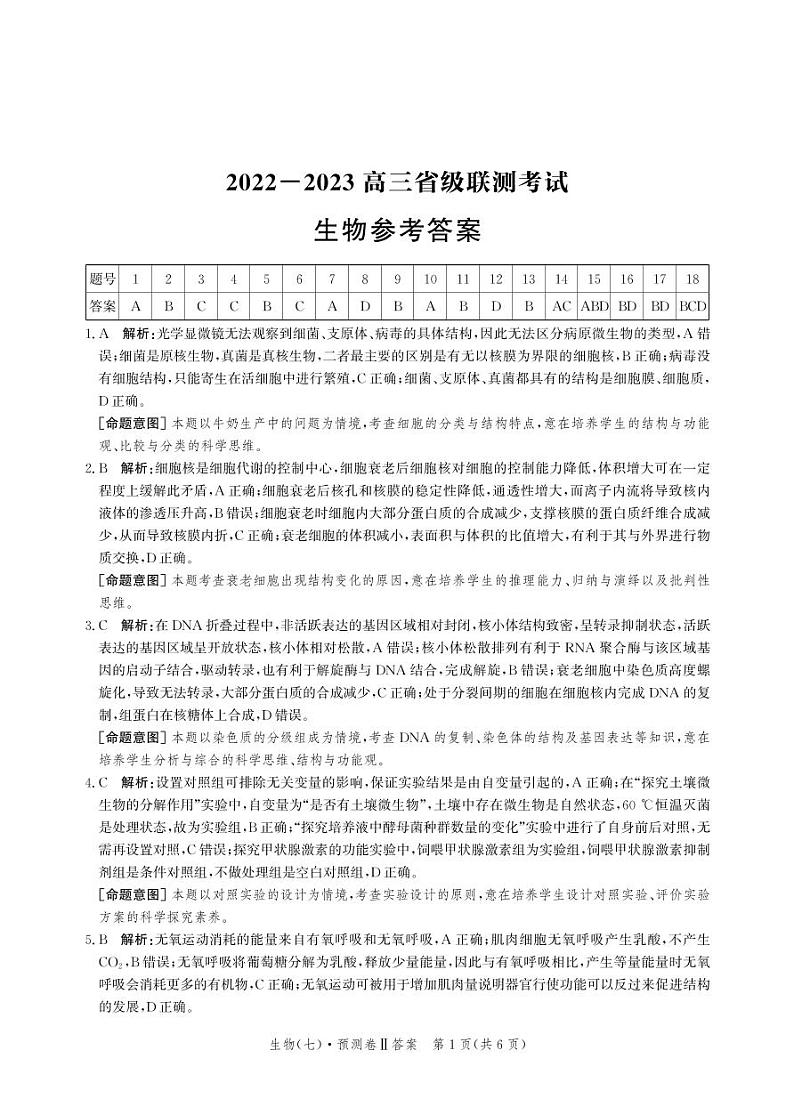 2023届河北省高三省级联测考试 生物答案和解析第1页