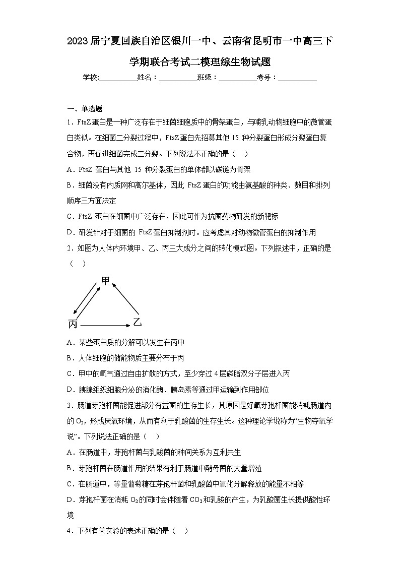 2023届宁夏回族自治区银川一中、云南省昆明市一中高三下学期联合考试二模理综生物试题(含答案)01