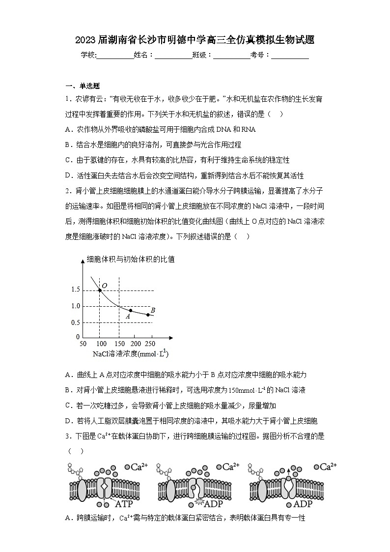 2023届湖南省长沙市明德中学高三全仿真模拟生物试题(含答案)第1页