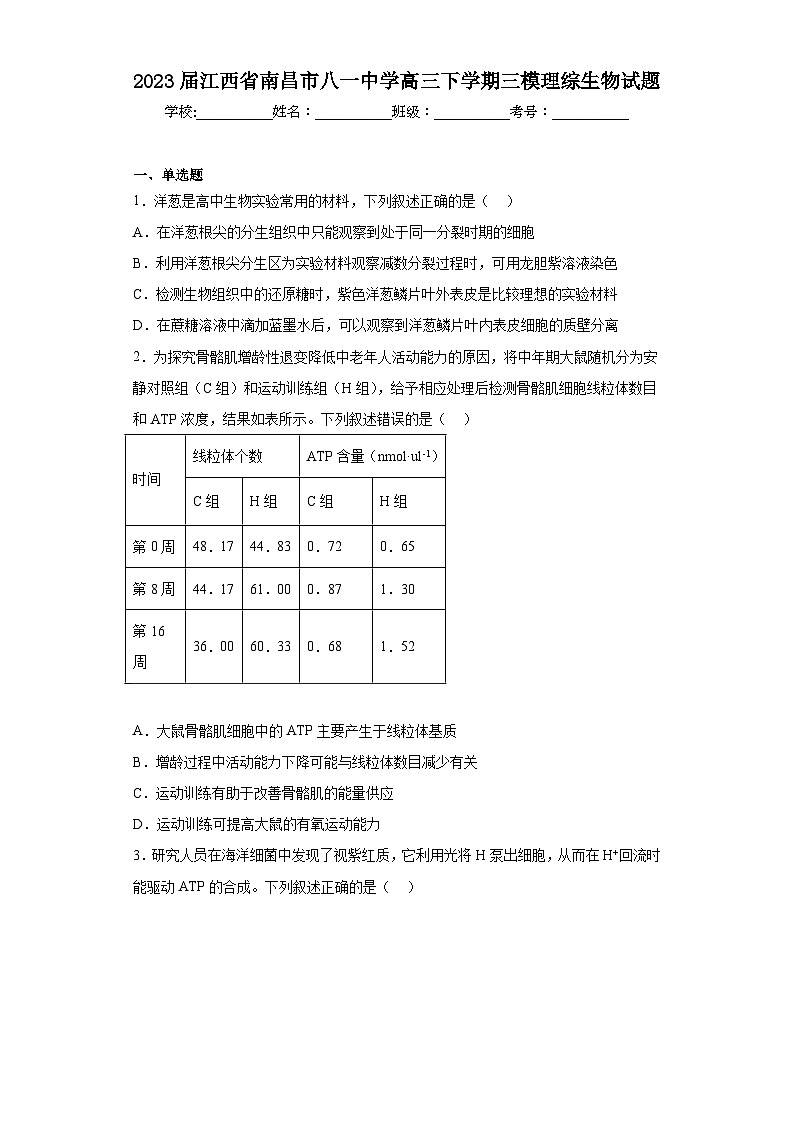 2023届江西省南昌市八一中学高三下学期三模理综生物试题(含答案)01