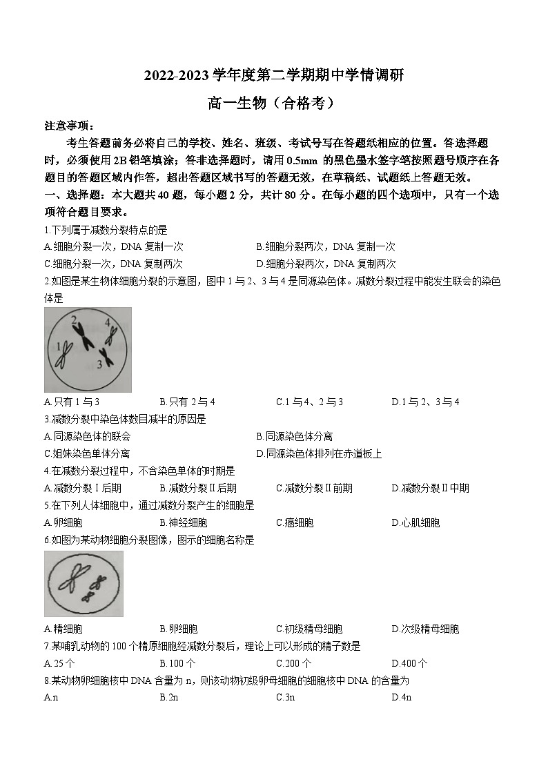 江苏省徐州市铜山区2022-2023学年高一生物下学期期中(合格考)试题(Word版附答案)01