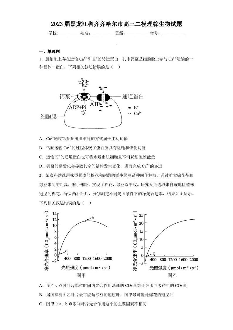 2023届黑龙江省齐齐哈尔市高三二模理综生物试题(含答案解析)第1页