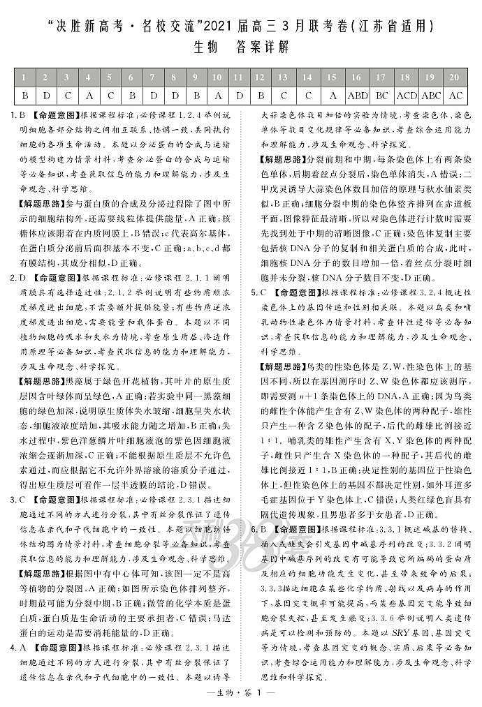 生物解析-江苏版-“决胜新高考·名校交流“2021届高三3月联考卷第1页