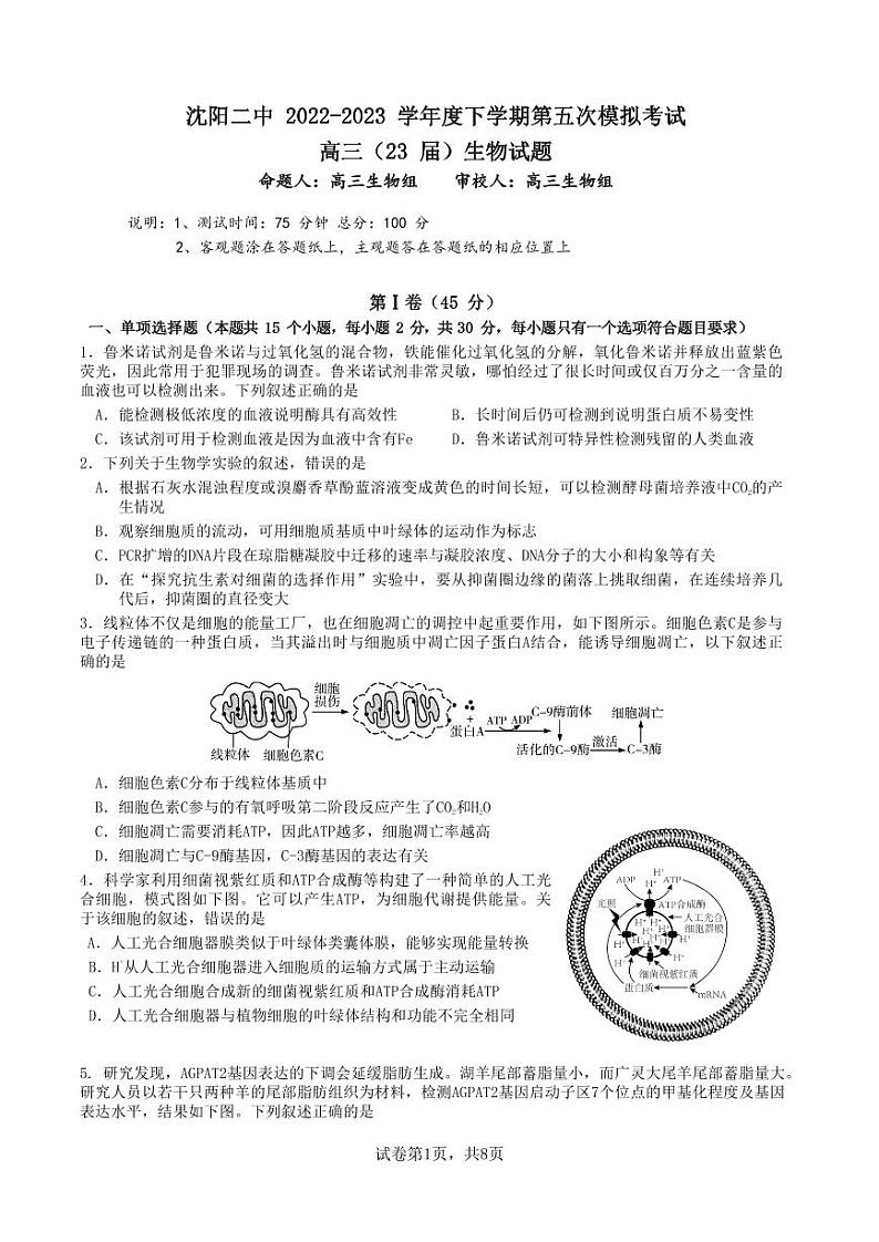 2023届辽宁省沈阳市第二中学高三第五次模拟考试生物试题第1页