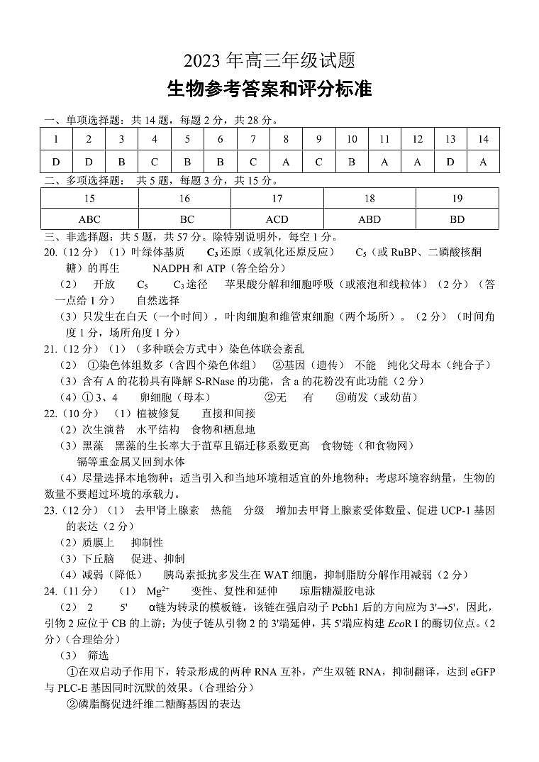 2023届江苏省徐州市高三考前打靶试题 生物答案第1页