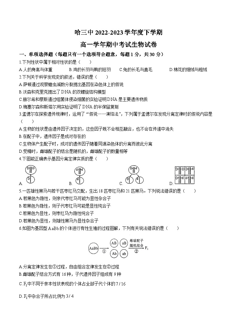 黑龙江省哈尔滨市三中2022-2023学年高一下学期期中生物试题01