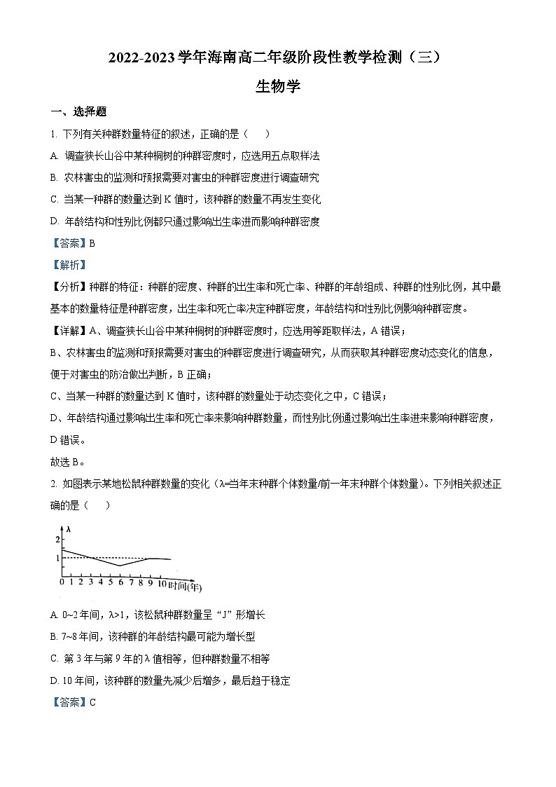 精品解析:海南省2022-2023学年高二下学期期中生物试题(解析版)第1页