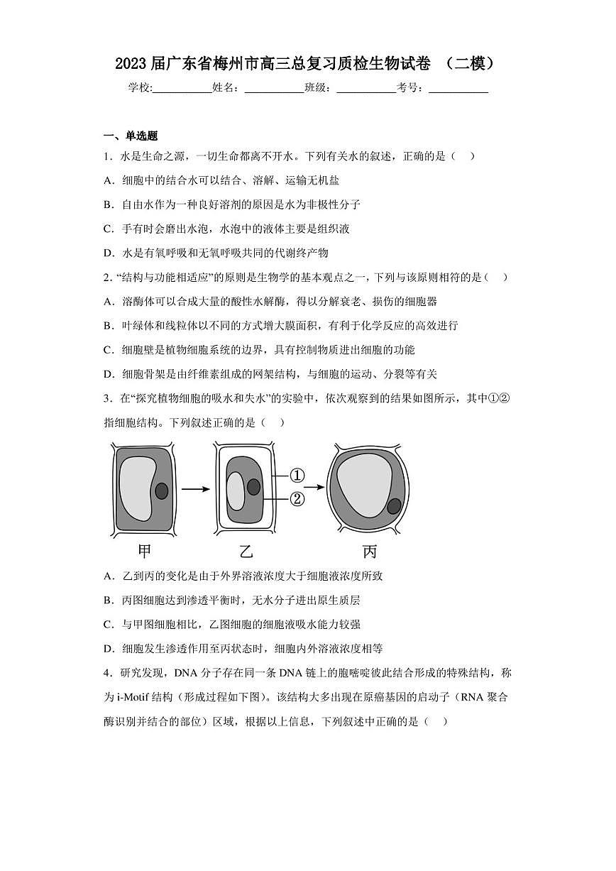 2023屆廣東省梅州市高三總復習質檢生物試卷（二模）（含答案解析）第1頁